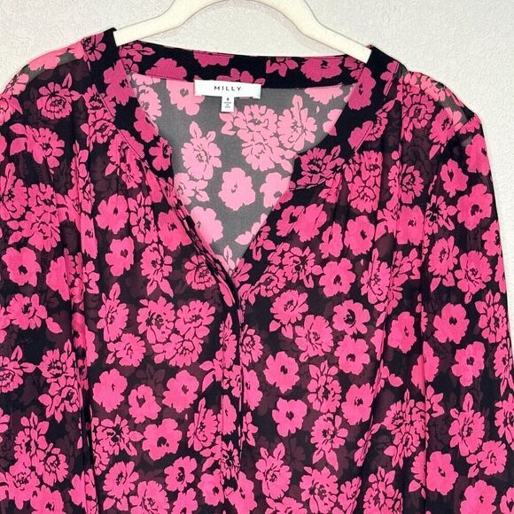 MILLY Blouse Shirt Size 8 Pink Black Brooke Floral Print Chiffon $210 - Picture 4 of 9
